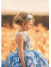 Beaded Blue Floral Pearl Flower Girl Dress